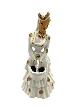 Yona California Pottery Vintage Ceramic Victorian Lady Bud Vase Ivory & Gold